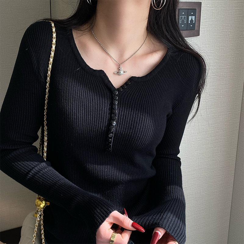Women's Black Knit Base Layer Sweater V-Neck Slim Long Sleeve Top - Image 2