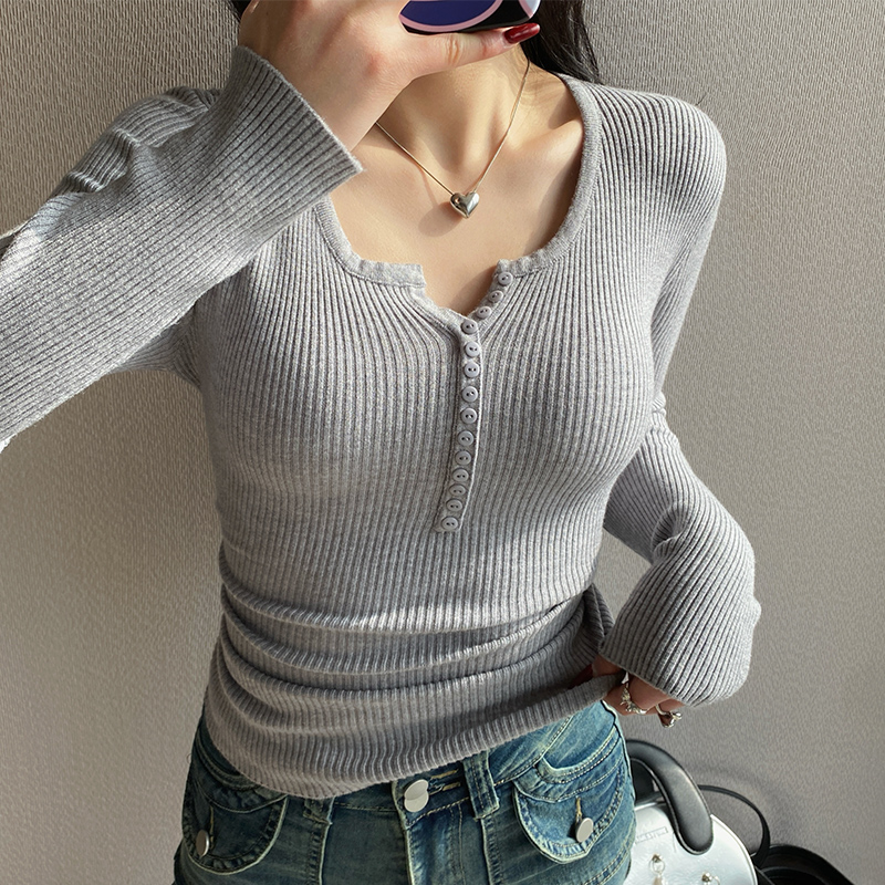 Women's Black Knit Base Layer Sweater V-Neck Slim Long Sleeve Top