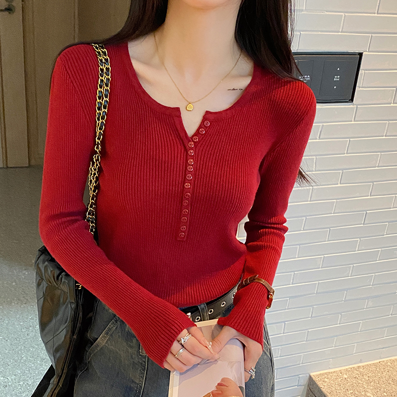 Women's Black Knit Base Layer Sweater V-Neck Slim Long Sleeve Top - Image 4