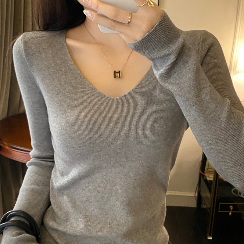 Women's V-Neck Slim Knit Top Long Sleeve Pullover Sweater