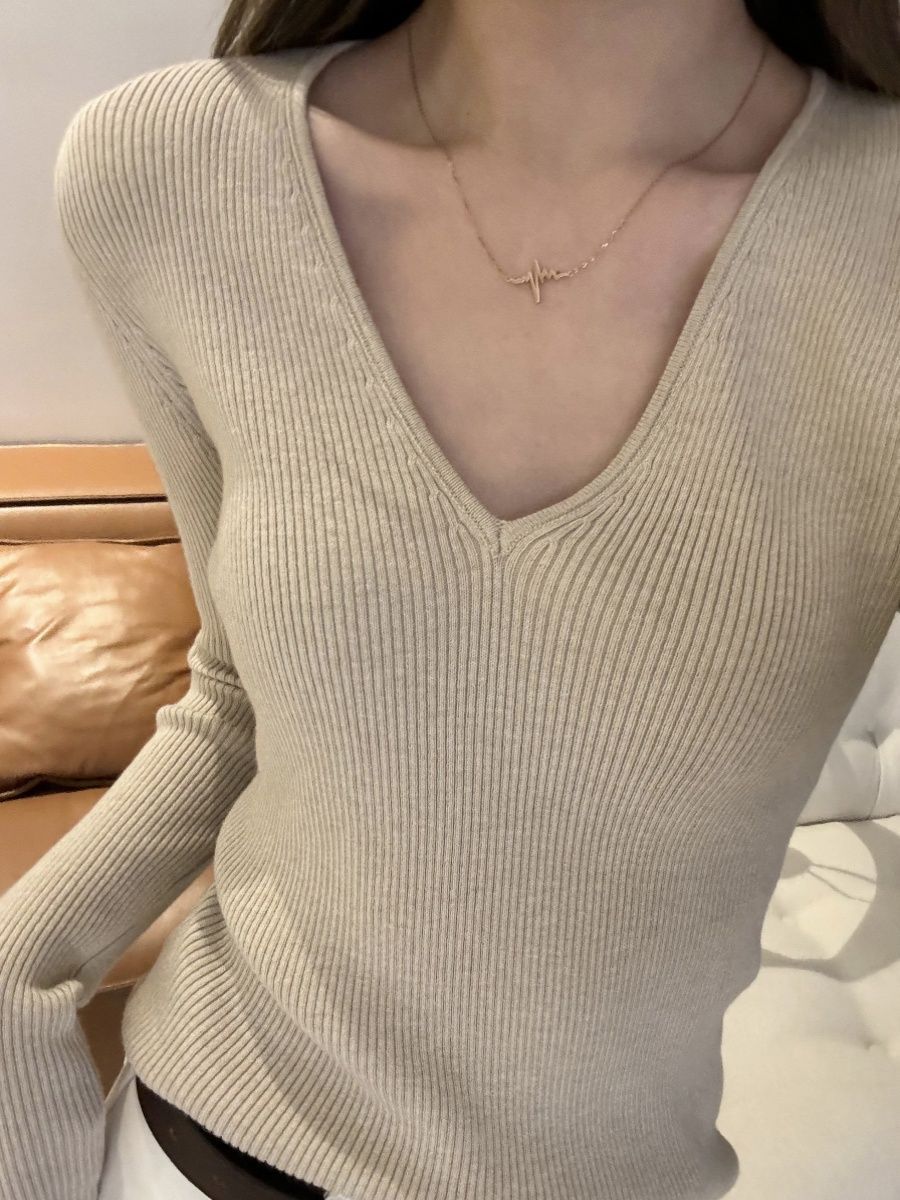 Women's Slim Fit V-Neck Knit Top Long Sleeve Pullover Sweater - Style 307ba9