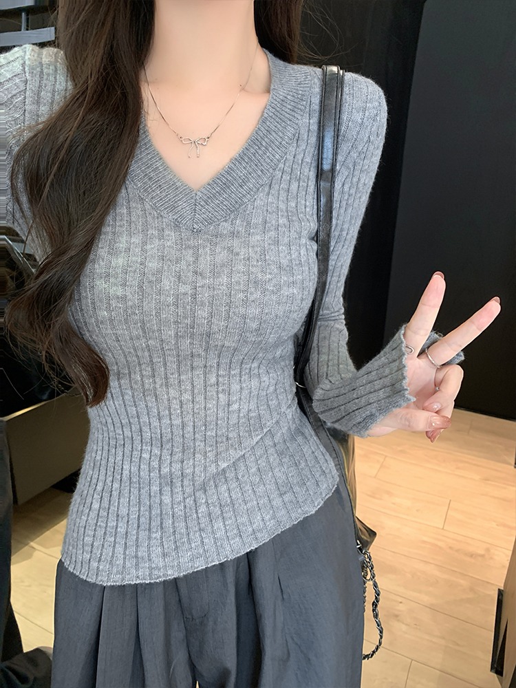 Women's V-Neck Long Sleeve Knit Top Slim Soft Base Layer Autumn Winter - Image 4