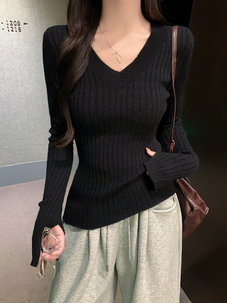 Women's V-Neck Long Sleeve Knit Top Slim Soft Base Layer Autumn Winter - Image 3