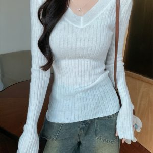 Women's V-Neck Long Sleeve Knit Top Slim Soft Base Layer Autumn Winter