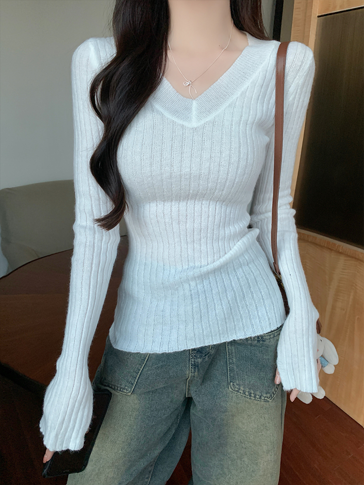 Women's V-Neck Long Sleeve Knit Top Slim Soft Base Layer Autumn Winter