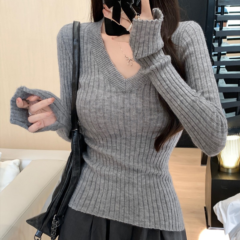 Women's V-Neck Long Sleeve Knit Top Slim Soft Base Layer Autumn Winter - Image 5