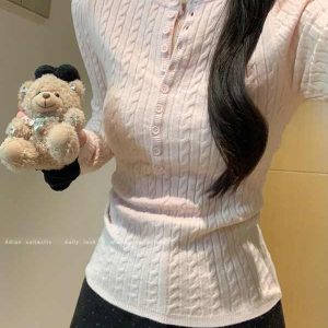 Korean Style Pink Half V-Neck Cable Knit Long Sleeve Women's Winter Base Layer Slim Fit Soft Sweater Top