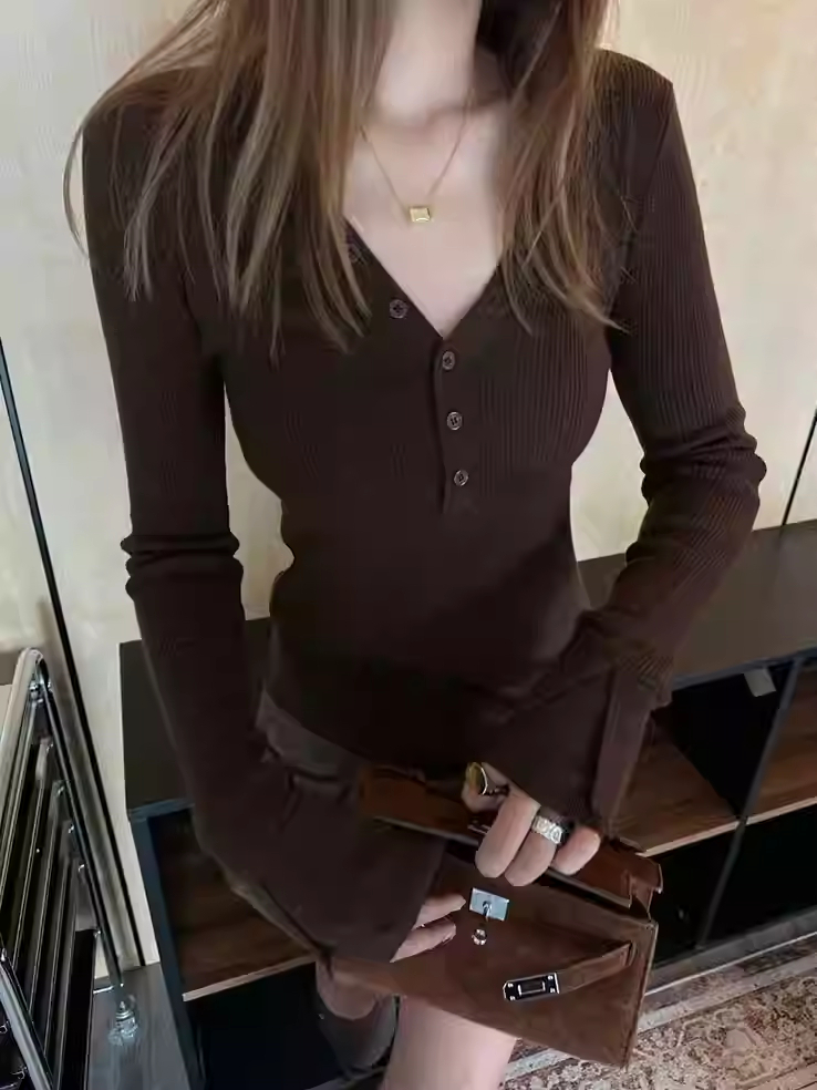 Women's V-Neck Long Sleeve Knit Sweater in Coffee Brown for Fall 2026