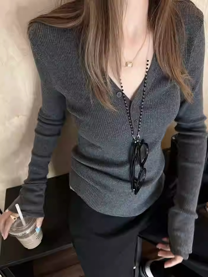 Women's V-Neck Long Sleeve Knit Sweater in Coffee Brown for Fall 2026 - Image 4