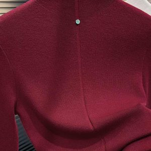 Women's Half Turtleneck Knit Top Wine Red Pullover Sweater Fall Winter Base Layer