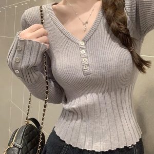 Korean Style V-Neck Button Long Sleeve Knit Top Women Spring Short Slim Sweater