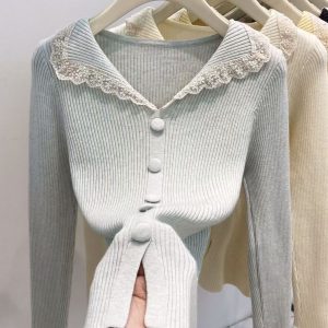 Women's Sweet Lace Trim Turn-Down Collar Knit Cardigan Sweater