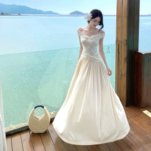 White Off-Shoulder Dress Women French Style Party Graduation Dress