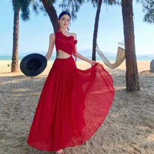 Red Off-Shoulder Cutout Waist Dress with 3D Floral Tulle Long Skirt for Women Summer