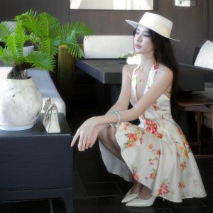 French V-Neck Halter A-Line Floral Midi Dress for Women Summer Slimming Vacation Dress
