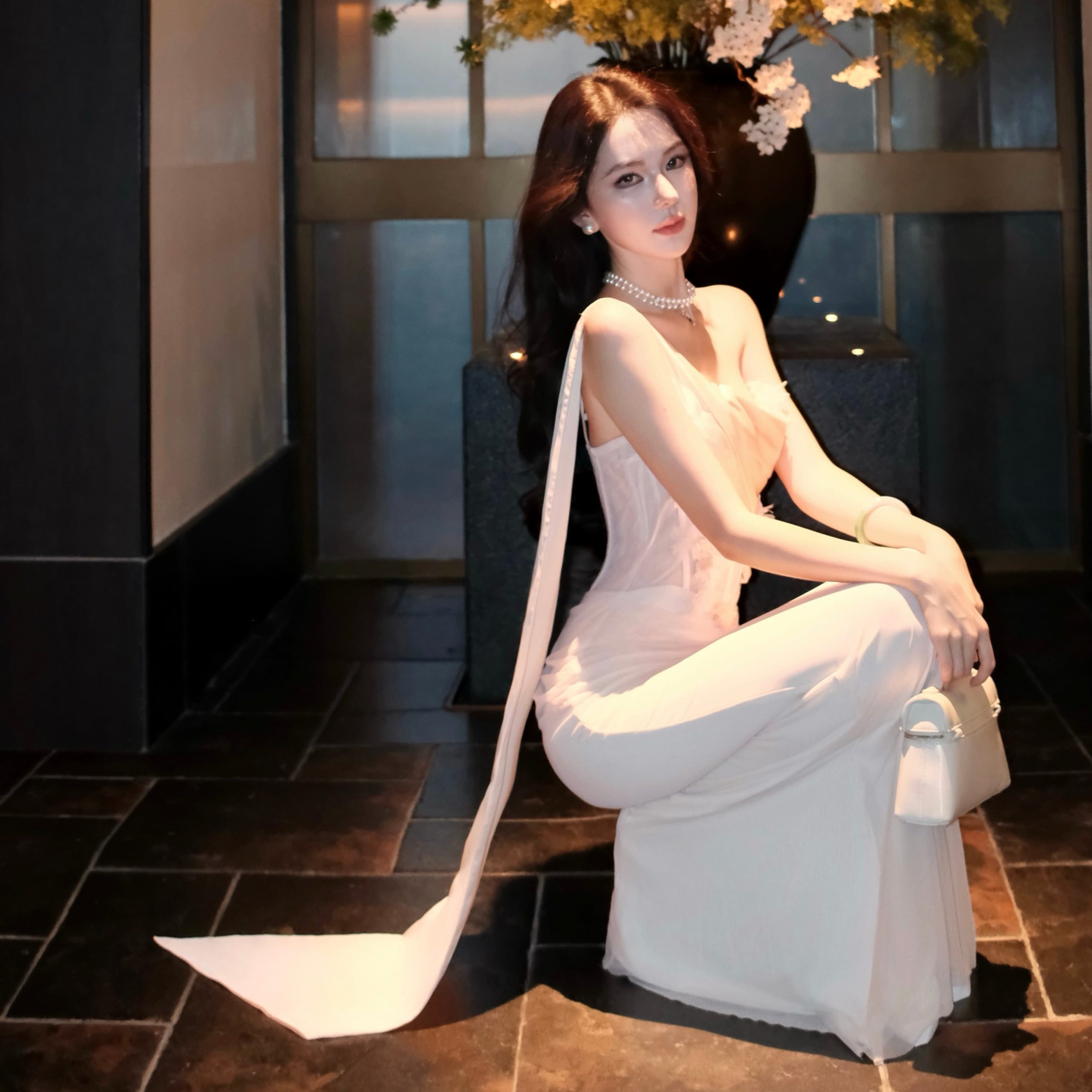 Sheer Mesh 3D Floral Ribbon Strapless Mermaid Long Dress