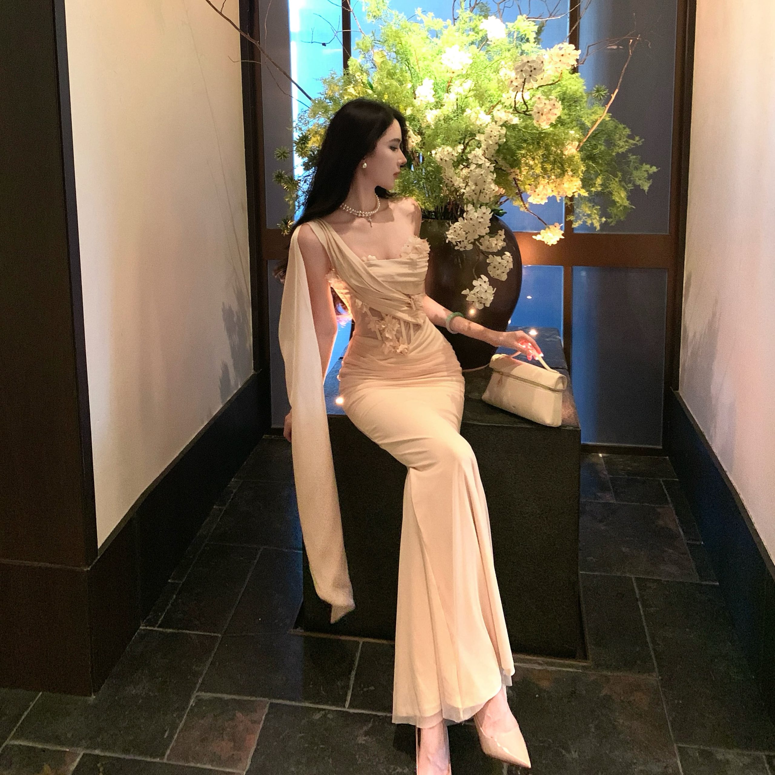 Sheer Mesh 3D Floral Ribbon Strapless Mermaid Long Dress - Image 3