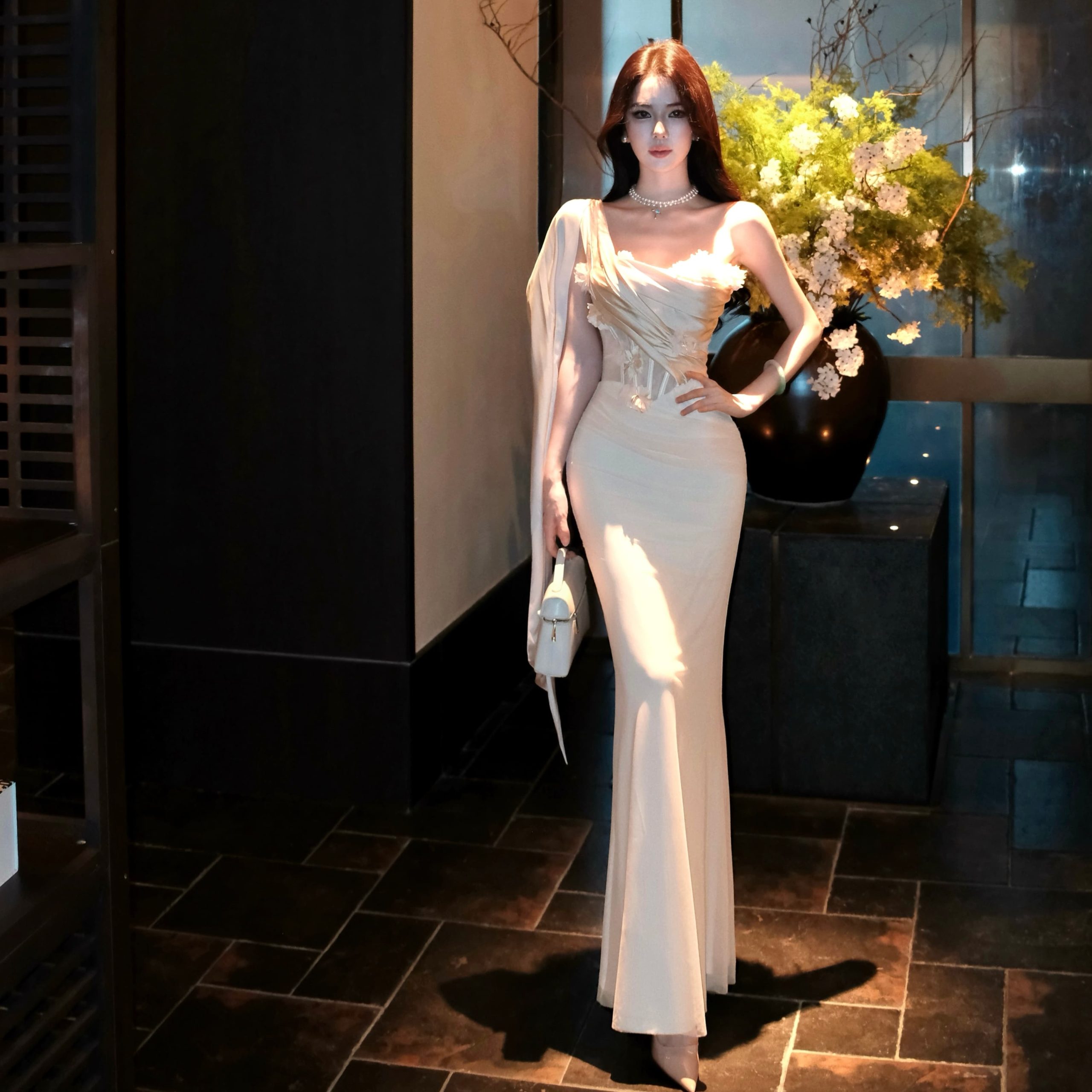 Sheer Mesh 3D Floral Ribbon Strapless Mermaid Long Dress - Image 5