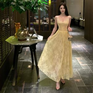 Women's Sleeveless Lace Jacquard Cami Dress 2026 Summer Slim Waist Tulle Fairy Dress