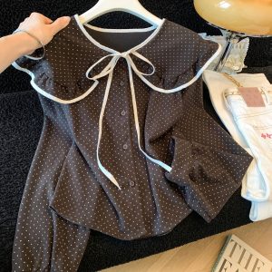 2026 Fall Polka Dot Shirt with Contrast Color Neck Tie and Doll Collar