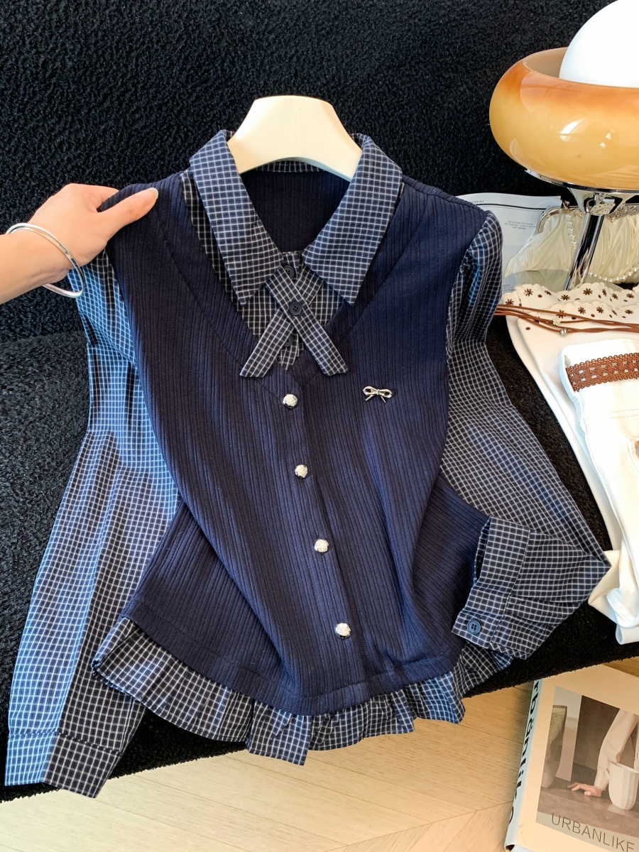 Women's Preppy Plaid Spliced Faux Two-Piece Long Sleeve T-Shirt Collared Button Casual Top Fall 2026 - Image 2