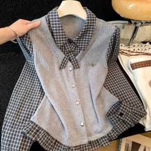 Women's Preppy Plaid Spliced Faux Two-Piece Long Sleeve T-Shirt Collared Button Casual Top Fall 2026