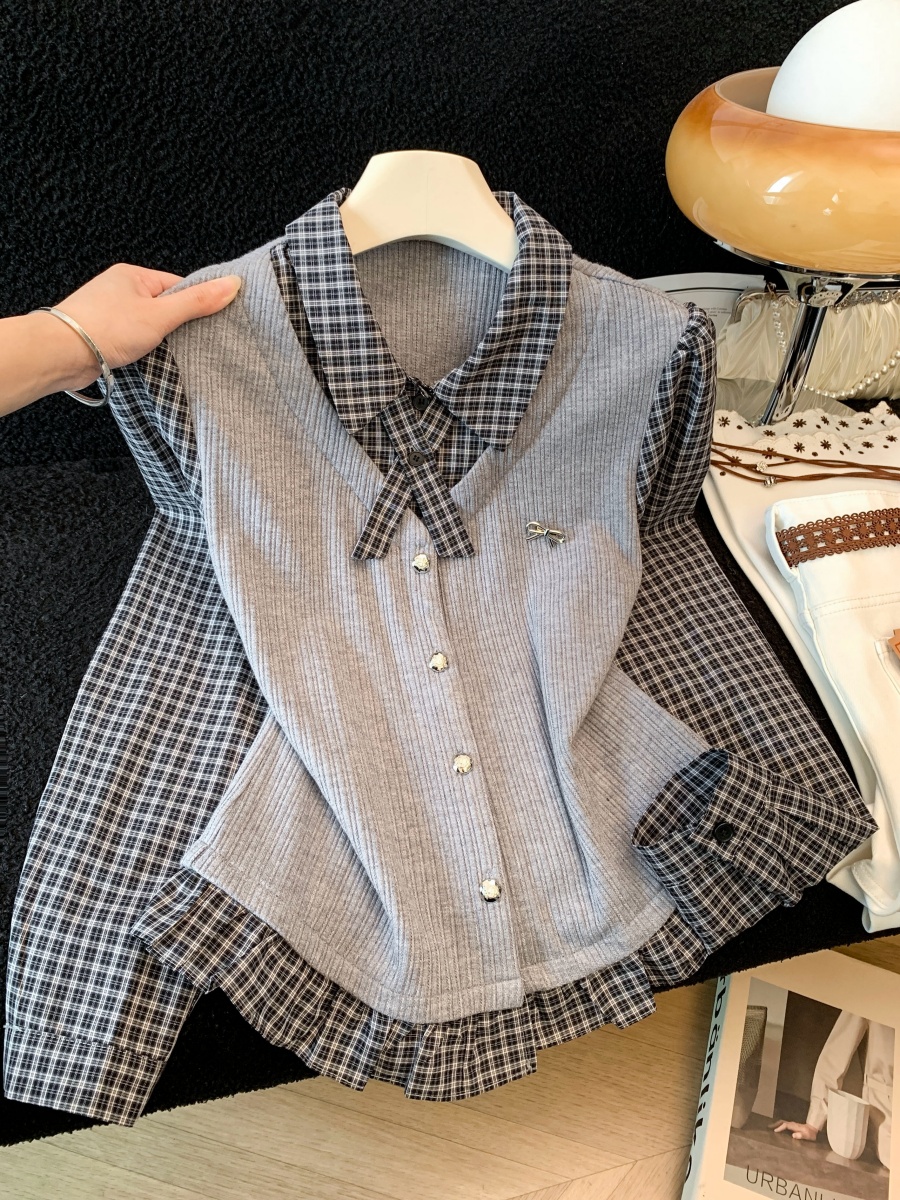 Women's Preppy Plaid Spliced Faux Two-Piece Long Sleeve T-Shirt Collared Button Casual Top Fall 2026