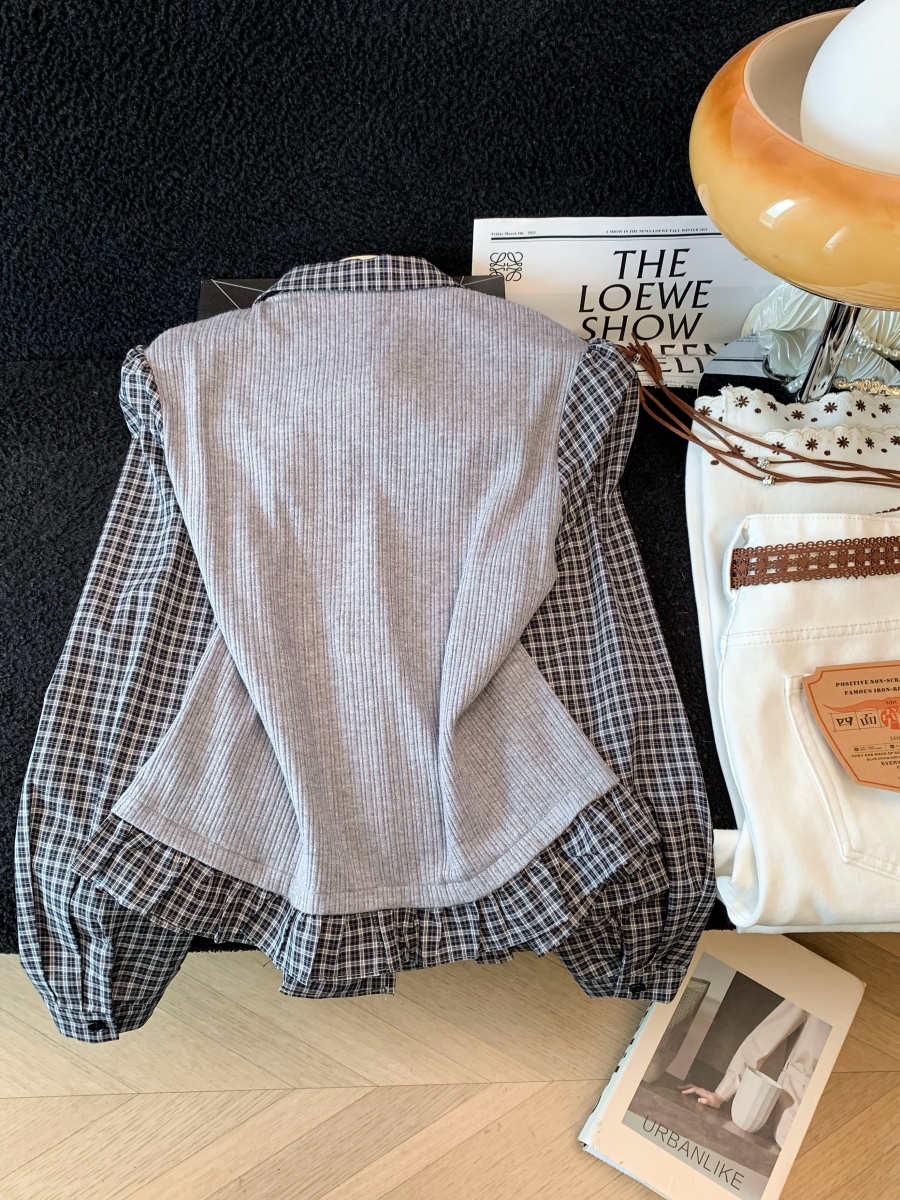 Women's Preppy Plaid Spliced Faux Two-Piece Long Sleeve T-Shirt Collared Button Casual Top Fall 2026 - Image 3