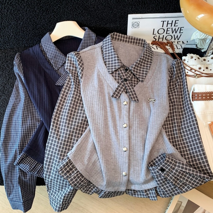Women's Preppy Plaid Spliced Faux Two-Piece Long Sleeve T-Shirt Collared Button Casual Top Fall 2026 - Image 5