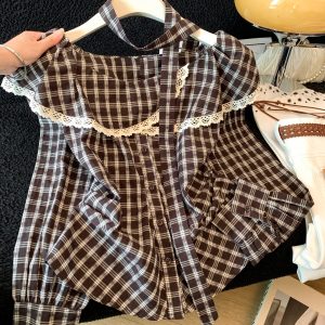 Women's Plaid Ruffle Collar Tie Neck Cotton Shirt 2026 Korean Style Loose Long Sleeve Blouse