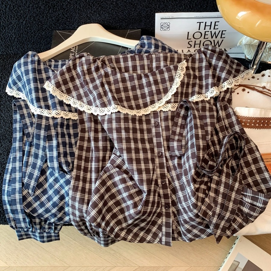 Women's Plaid Ruffle Collar Tie Neck Cotton Shirt 2026 Korean Style Loose Long Sleeve Blouse - Image 5