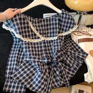 Early Autumn Ruffle Collar Tie Neck Plaid Cotton Shirt Women 2026 Korean Style Versatile Loose Long Sleeve Blouse Top