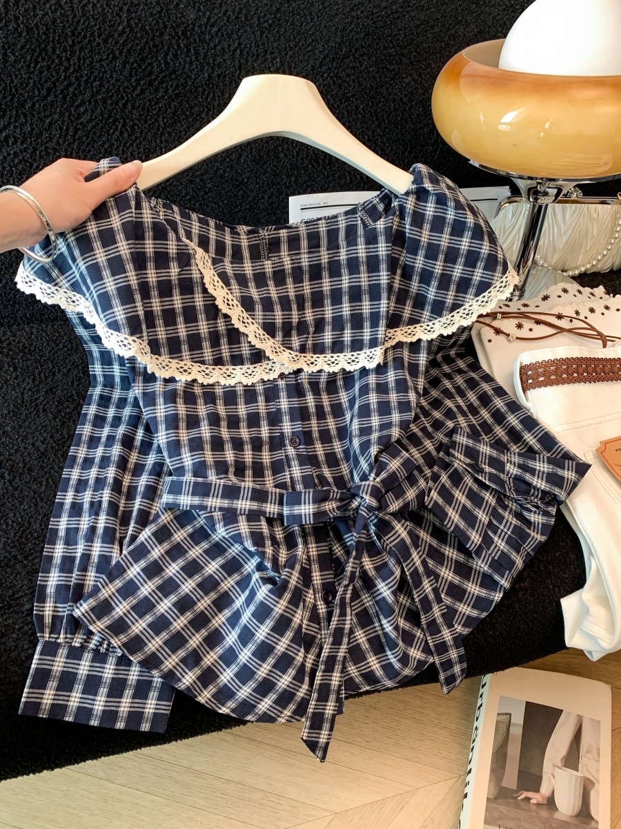 Early Autumn Ruffle Collar Tie Neck Plaid Cotton Shirt Women 2026 Korean Style Versatile Loose Long Sleeve Blouse Top