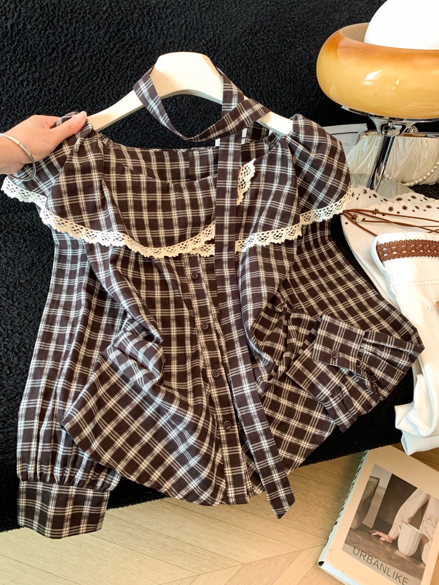 Early Autumn Ruffle Collar Tie Neck Plaid Cotton Shirt Women 2026 Korean Style Versatile Loose Long Sleeve Blouse Top - Image 2