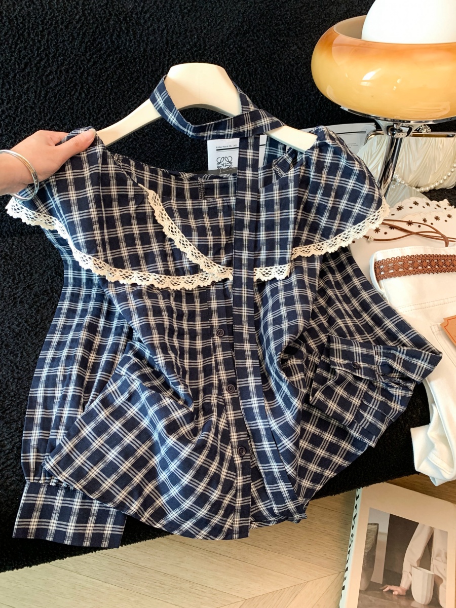 Early Autumn Ruffle Collar Tie Neck Plaid Cotton Shirt Women 2026 Korean Style Versatile Loose Long Sleeve Blouse Top - Image 3