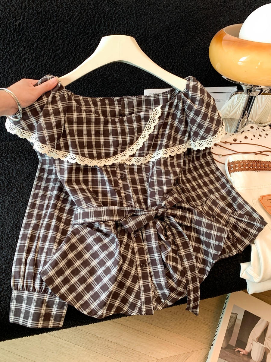 Early Autumn Ruffle Collar Tie Neck Plaid Cotton Shirt Women 2026 Korean Style Versatile Loose Long Sleeve Blouse Top - Image 4