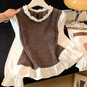 French Style Ruffle Trim Color Block Shirt Women Fall Design Slimming Faux Two Piece Top