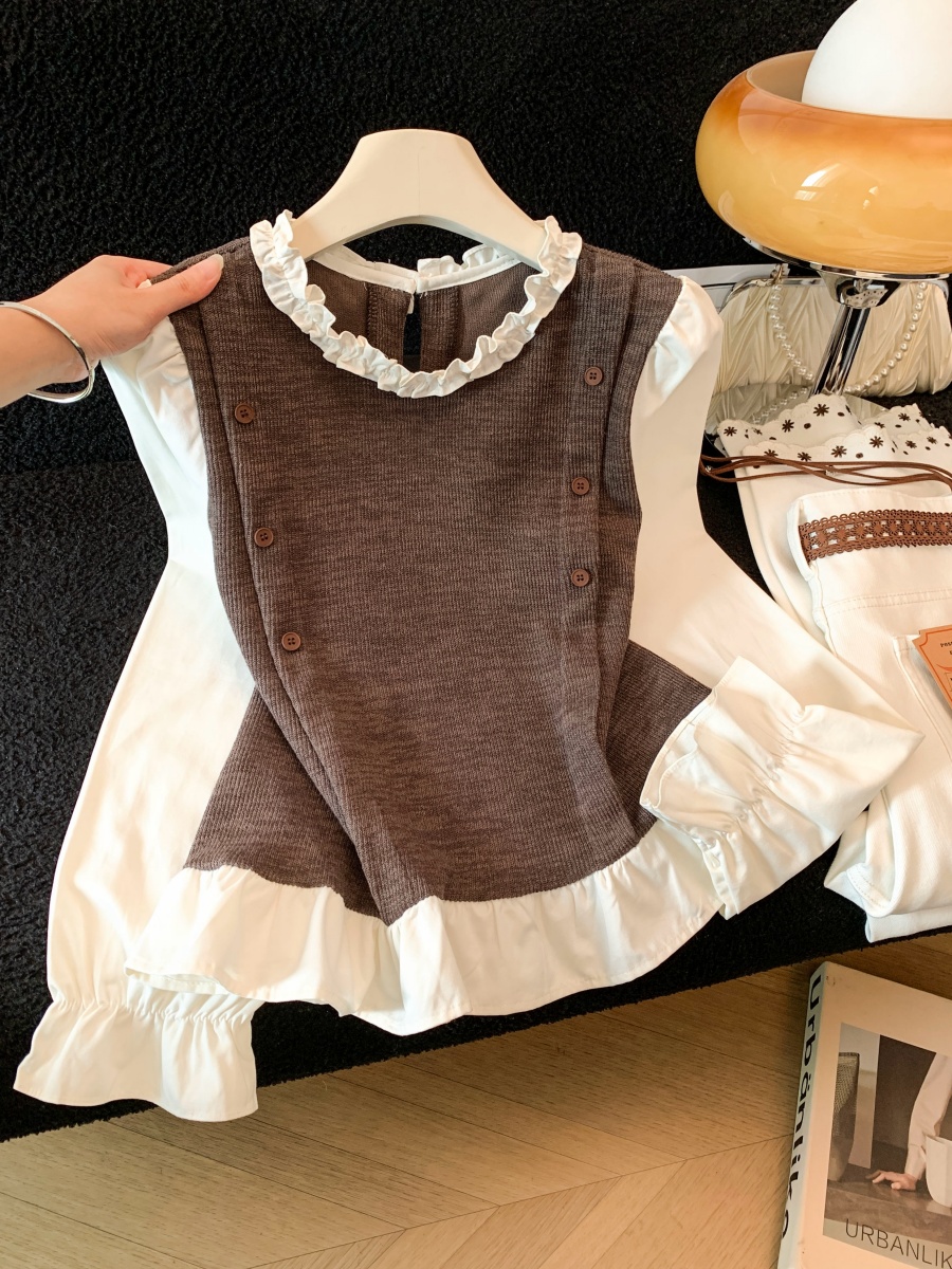 French Style Ruffle Trim Color Block Shirt for Women Autumn Design Slimming Faux Two Piece Top - Image 2