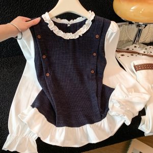 French Style Ruffle Trim Color Block Shirt for Women Autumn Design Slimming Faux Two Piece Top
