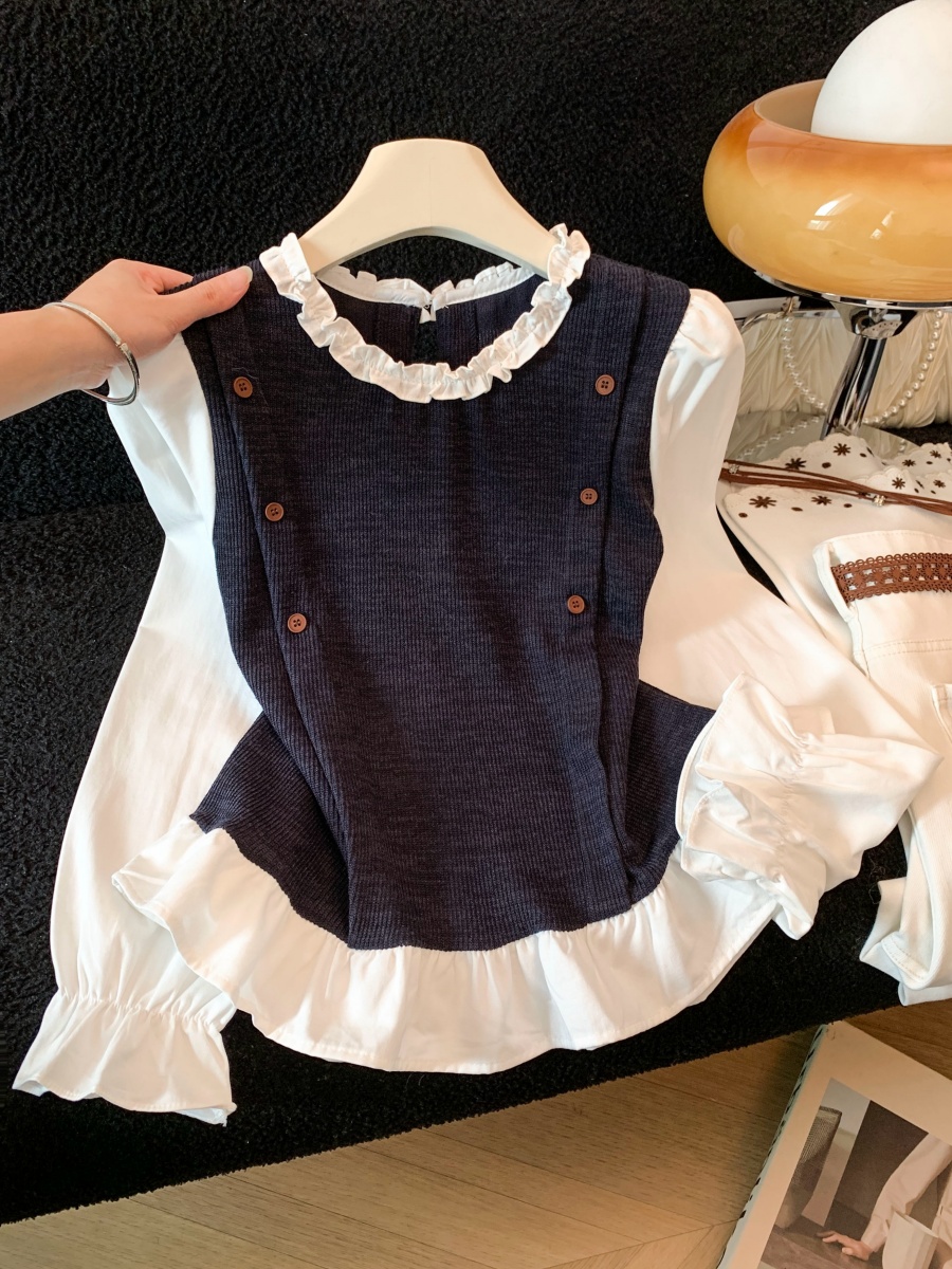 French Style Ruffle Trim Color Block Shirt for Women Autumn Design Slimming Faux Two Piece Top