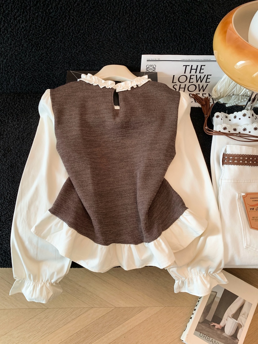 French Style Ruffle Trim Color Block Shirt for Women Autumn Design Slimming Faux Two Piece Top - Image 3