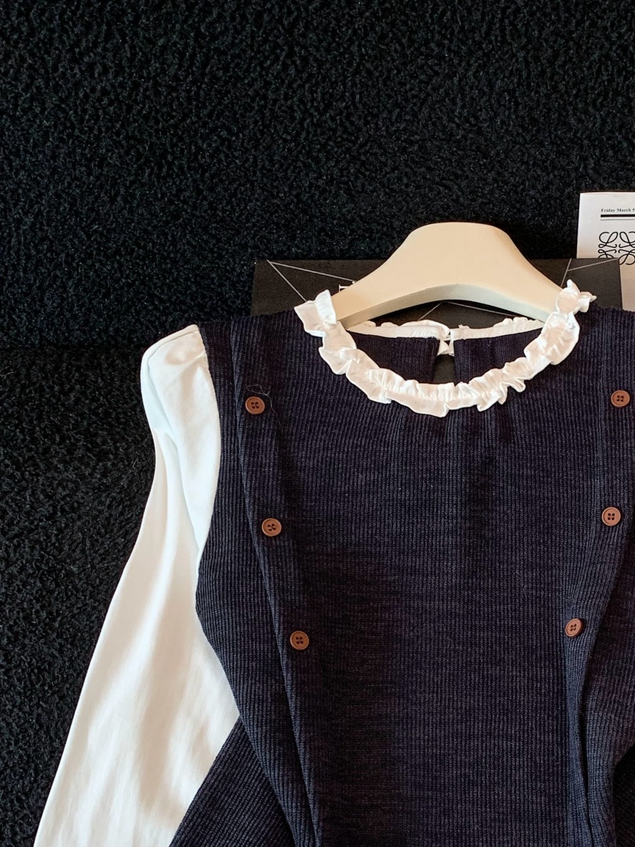 French Style Ruffle Trim Color Block Shirt for Women Autumn Design Slimming Faux Two Piece Top - Image 4