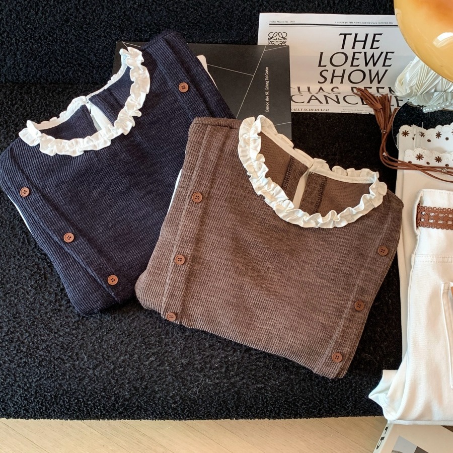 French Style Ruffle Trim Color Block Shirt for Women Autumn Design Slimming Faux Two Piece Top - Image 5