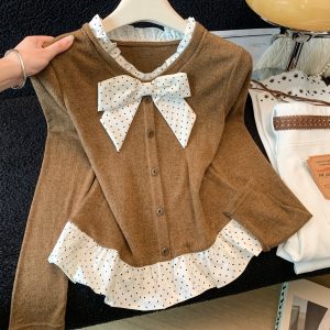 Women's Faux Two-Piece Polka Dot V-Neck Bow Knit Top 2026 Fall Long Sleeve