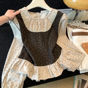 Korean Style Vintage Floral Ruffle Long Sleeve Shirt for Women 2026 Fall Color Block Fake Two Piece Top