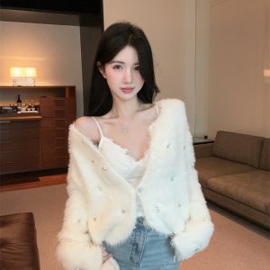 French Style Soft Fuzzy Cardigan Sweater Coat for Women