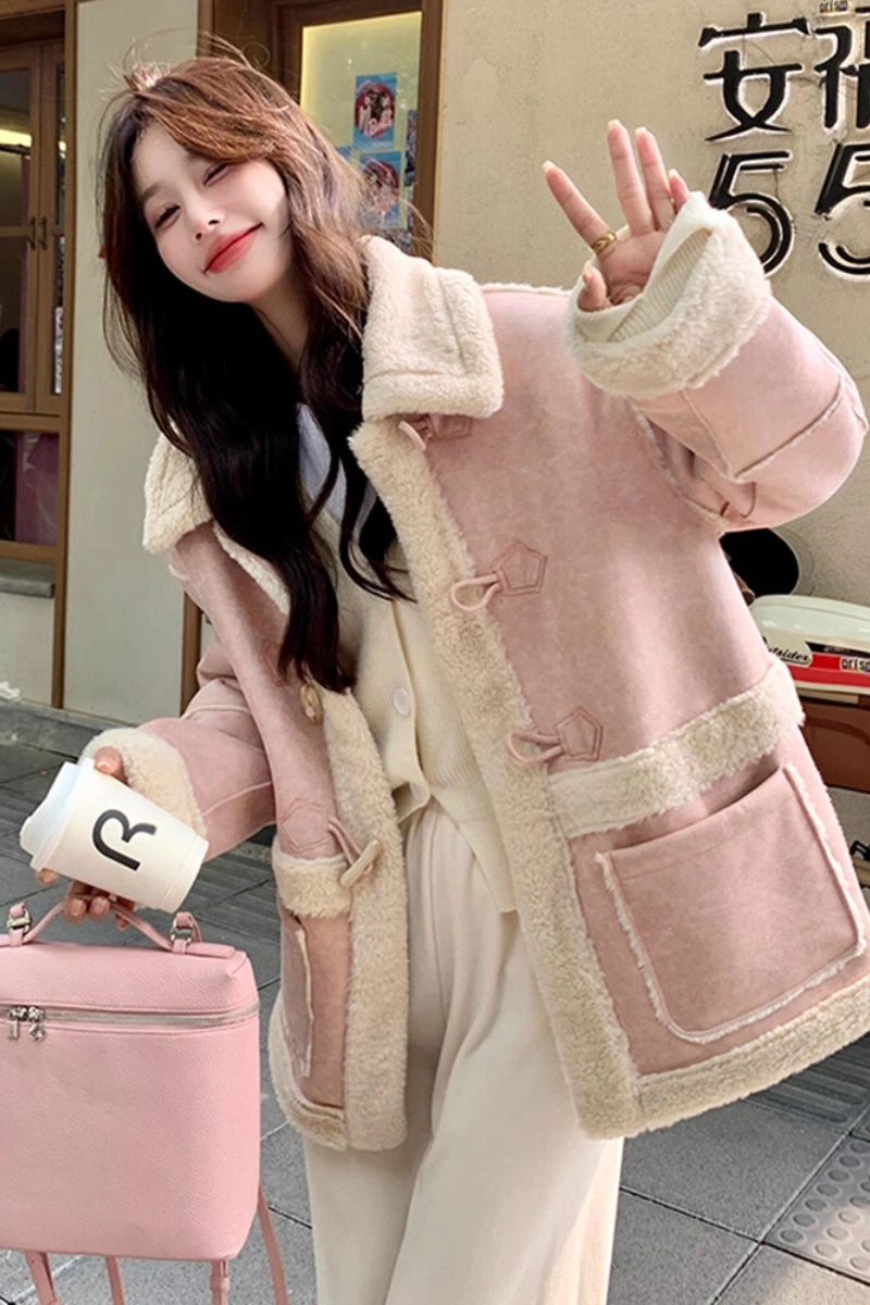 Pink Faux Fur Coat Women Winter 2026 New High-End Fleece-Lined Thick Fur and Leather Integrated Cotton Jacket