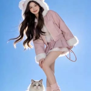 Youthful Two-Piece Hooded Coat and Skirt Set for Petite Women Winter Korean Commute Style
