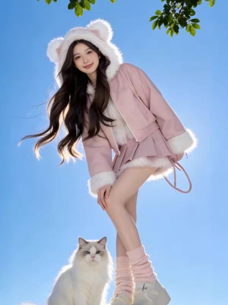 Youthful Two-Piece Hooded Coat and Skirt Set for Petite Women Winter Korean Commute Style