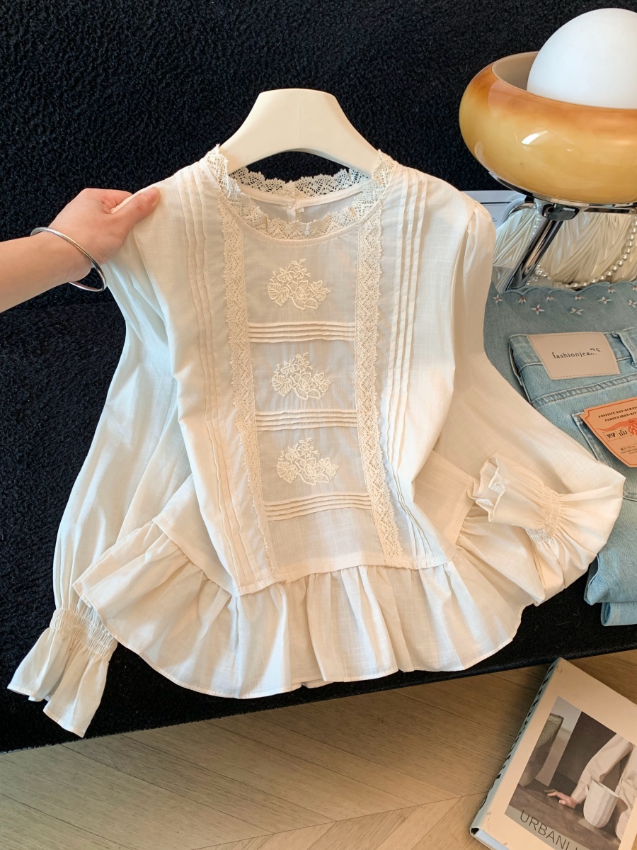 Korean Embroidered Accordion Pleat Shirt Women Round Neck Puff Long Sleeve Ruffle Soft Short Cotton Top - Image 2